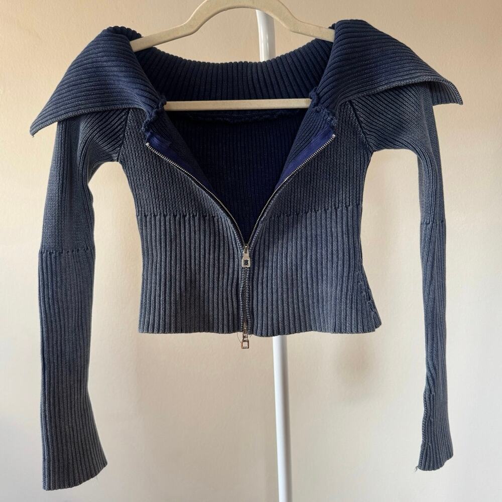 Double Zipper Crop Knit Sweater Wide Collar Off Shoulder- XS Y2K Model Off Duty - Picture 3 of 8